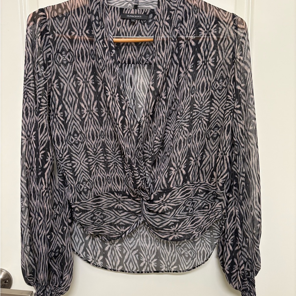 Olivaceous Dark Navy and Cream Patterned Sheer Blouse